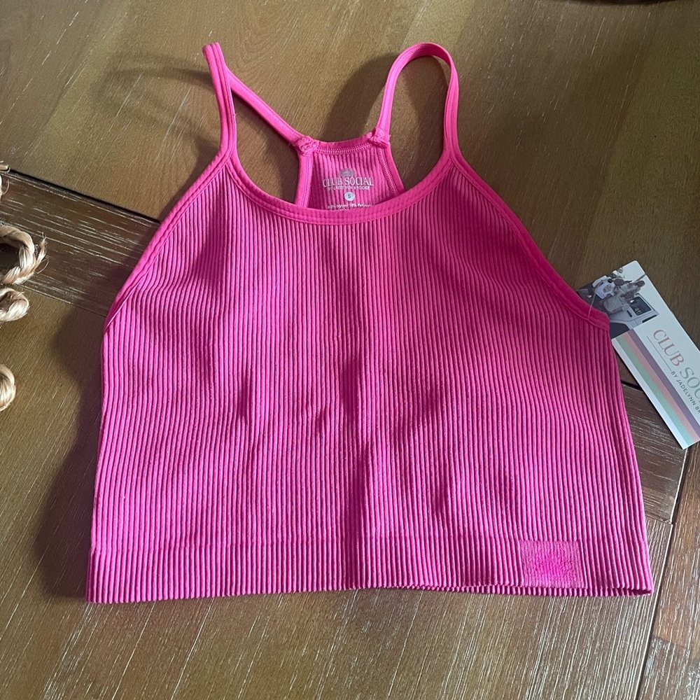 Ribbed High-Neck Crop Tank - Hot Pink
